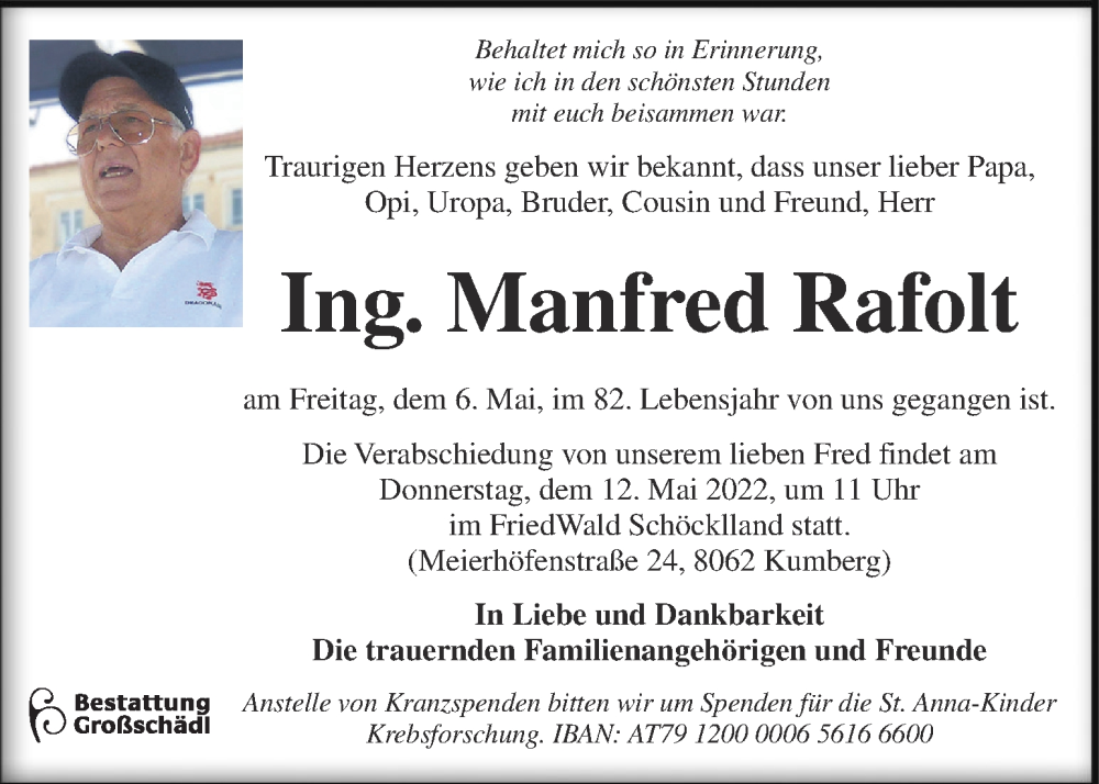  Traueranzeige für Manfred Rafolt vom 10.05.2022 aus Kleine Zeitung