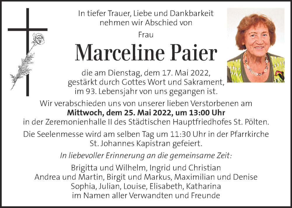  Traueranzeige für Marceline Paier vom 22.05.2022 aus Kleine Zeitung