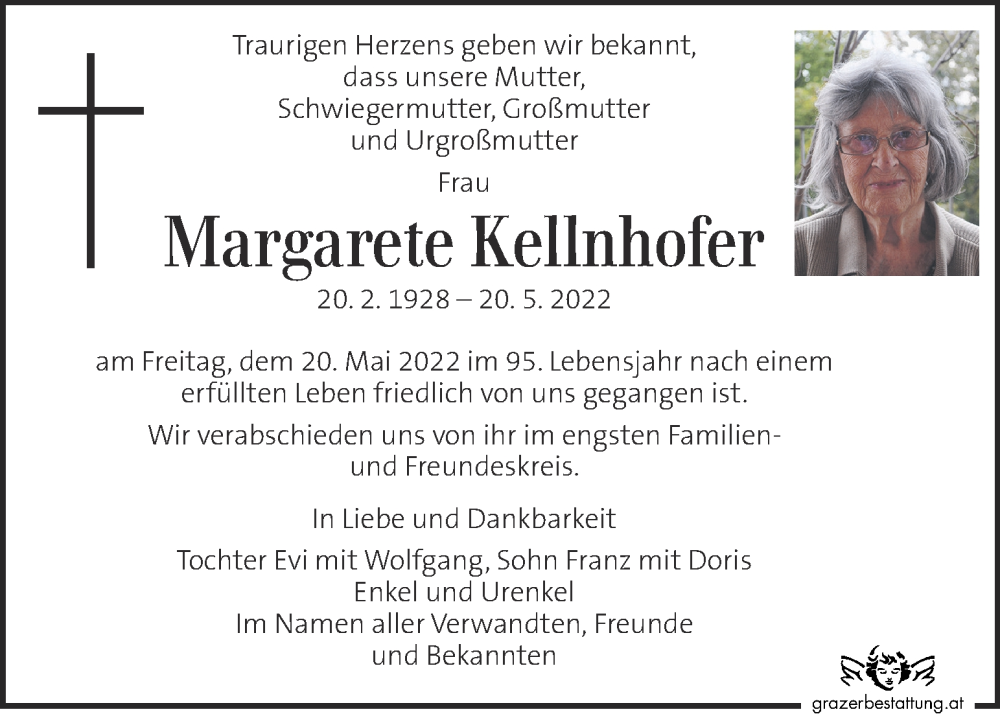  Traueranzeige für Margarete Kellnhofer vom 25.05.2022 aus Kleine Zeitung