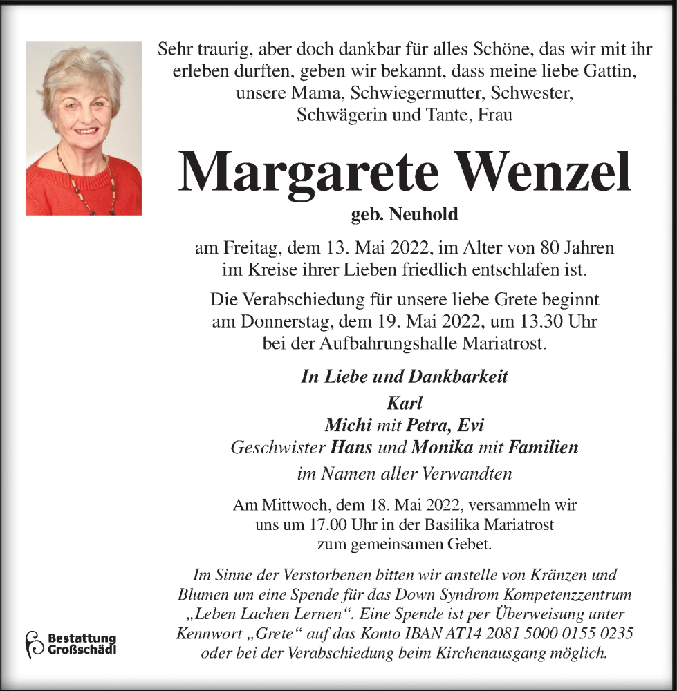  Traueranzeige für Margarete Wenzel vom 17.05.2022 aus Kleine Zeitung