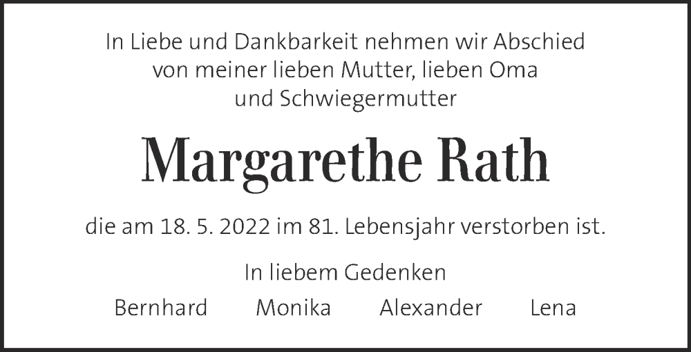  Traueranzeige für Margarethe Rath vom 22.05.2022 aus Kleine Zeitung