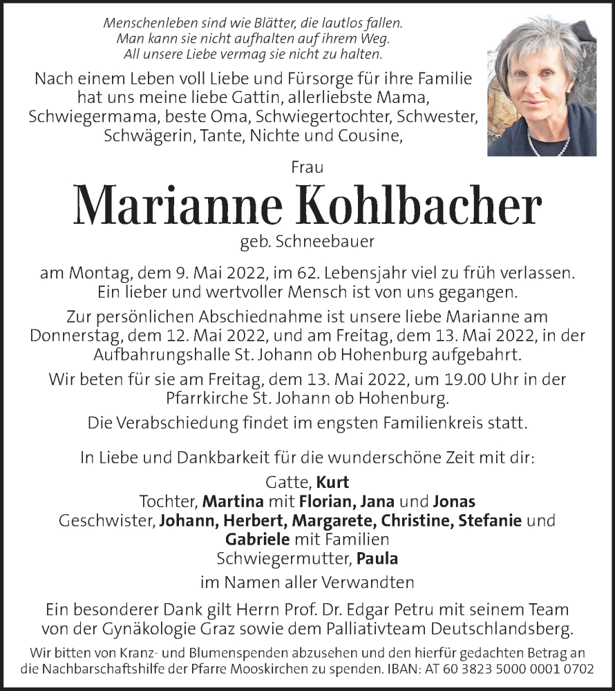  Traueranzeige für Marianne Kohlbacher vom 12.05.2022 aus Kleine Zeitung