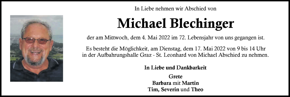  Traueranzeige für Michael Blechinger vom 15.05.2022 aus Kleine Zeitung