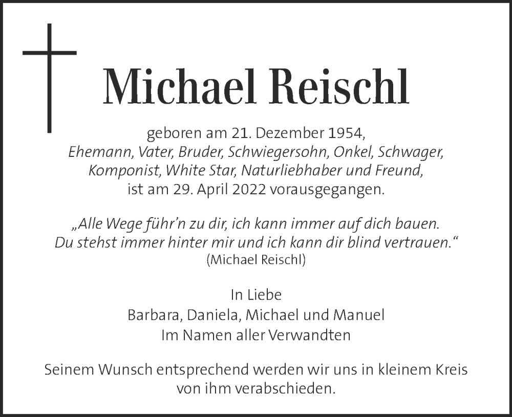  Traueranzeige für Michael Reischl vom 08.05.2022 aus Kleine Zeitung