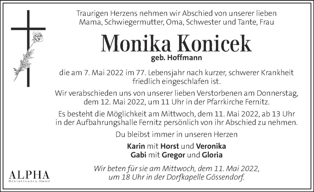  Traueranzeige für Monika Konicek vom 10.05.2022 aus Kleine Zeitung