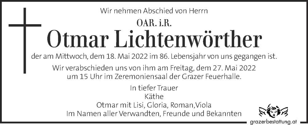  Traueranzeige für Otmar Lichtenwörther vom 25.05.2022 aus Kleine Zeitung