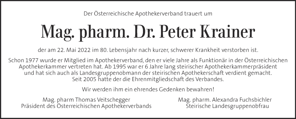  Traueranzeige für Peter Krainer  vom 26.05.2022 aus Kleine Zeitung