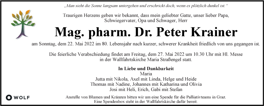  Traueranzeige für Peter Krainer  vom 25.05.2022 aus Kleine Zeitung