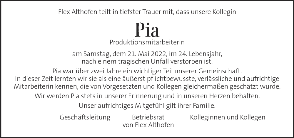  Traueranzeige für Pia Göderle vom 26.05.2022 aus Kleine Zeitung
