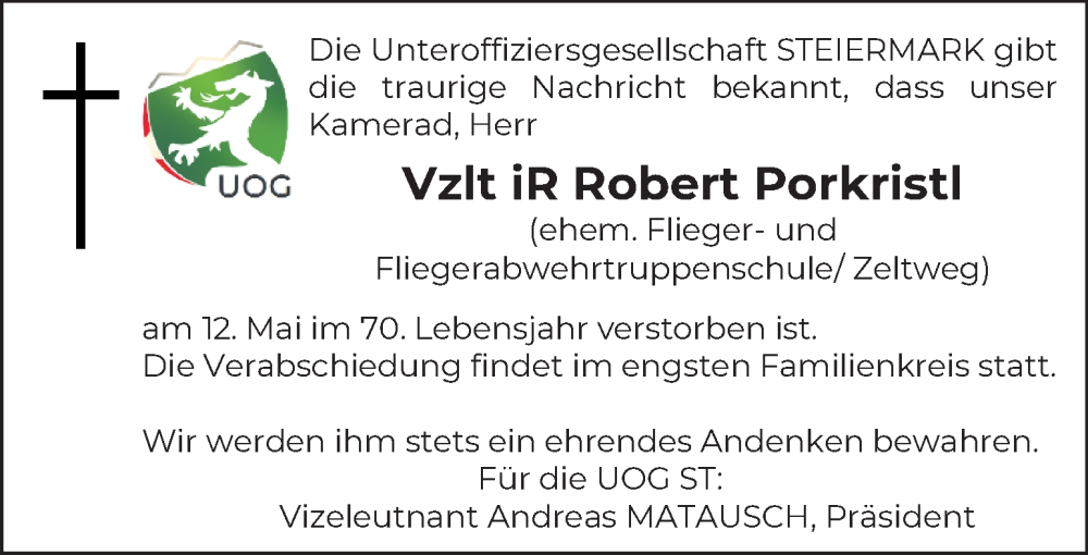  Traueranzeige für Robert Porkristl vom 17.05.2022 aus Kleine Zeitung