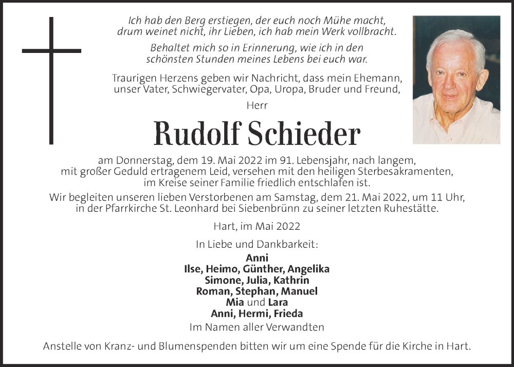  Traueranzeige für Rudolf Schieder vom 21.05.2022 aus Kleine Zeitung