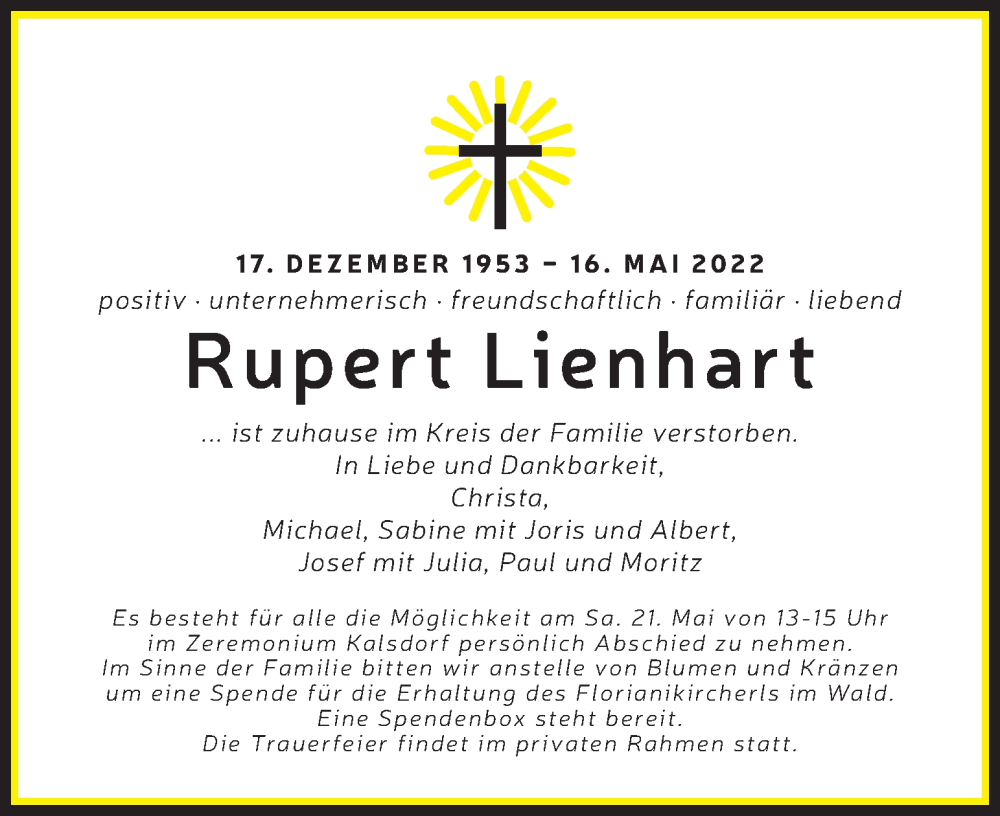  Traueranzeige für Rupert Lienhart vom 18.05.2022 aus Kleine Zeitung