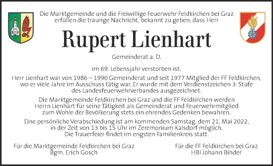 Traueranzeige von Rupert Lienhart von Kleine Zeitung