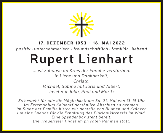 Traueranzeige von Rupert Lienhart von Kleine Zeitung