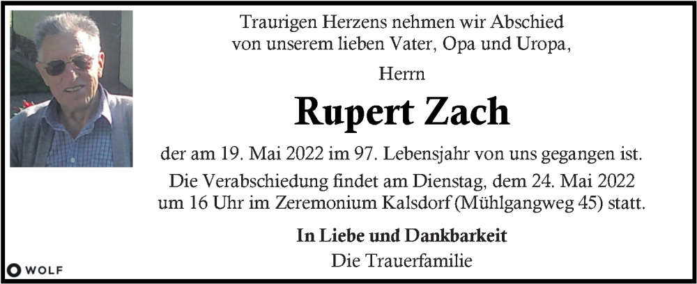  Traueranzeige für Rupert Zach vom 21.05.2022 aus Kleine Zeitung