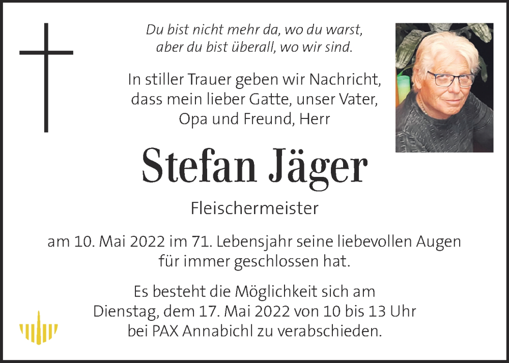  Traueranzeige für Stefan Jäger vom 13.05.2022 aus Kleine Zeitung