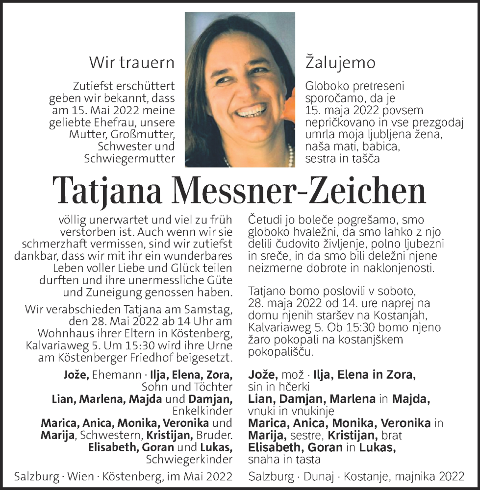  Traueranzeige für Tatjana Messner-Zeichen  vom 25.05.2022 aus Kleine Zeitung