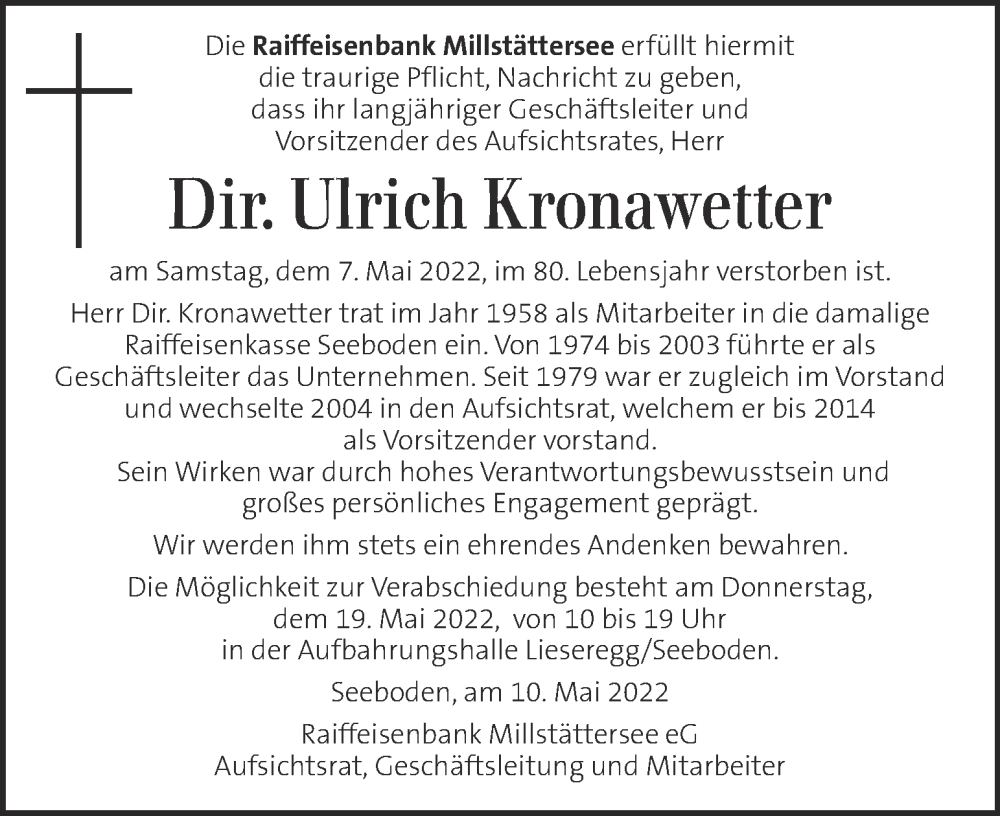  Traueranzeige für Ulrich Kronawetter vom 12.05.2022 aus Kleine Zeitung