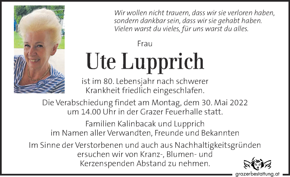  Traueranzeige für Ute Lupprich vom 21.05.2022 aus Kleine Zeitung