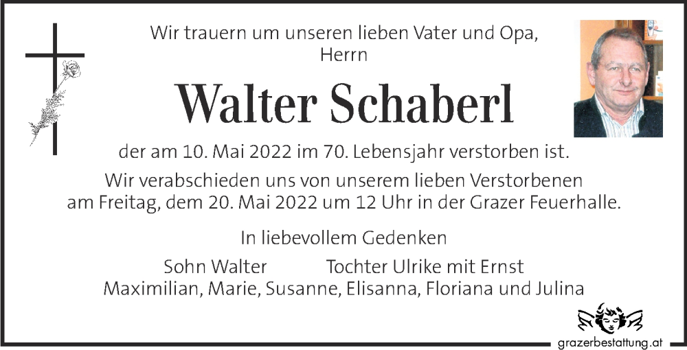  Traueranzeige für Walter Schaberl vom 14.05.2022 aus Kleine Zeitung