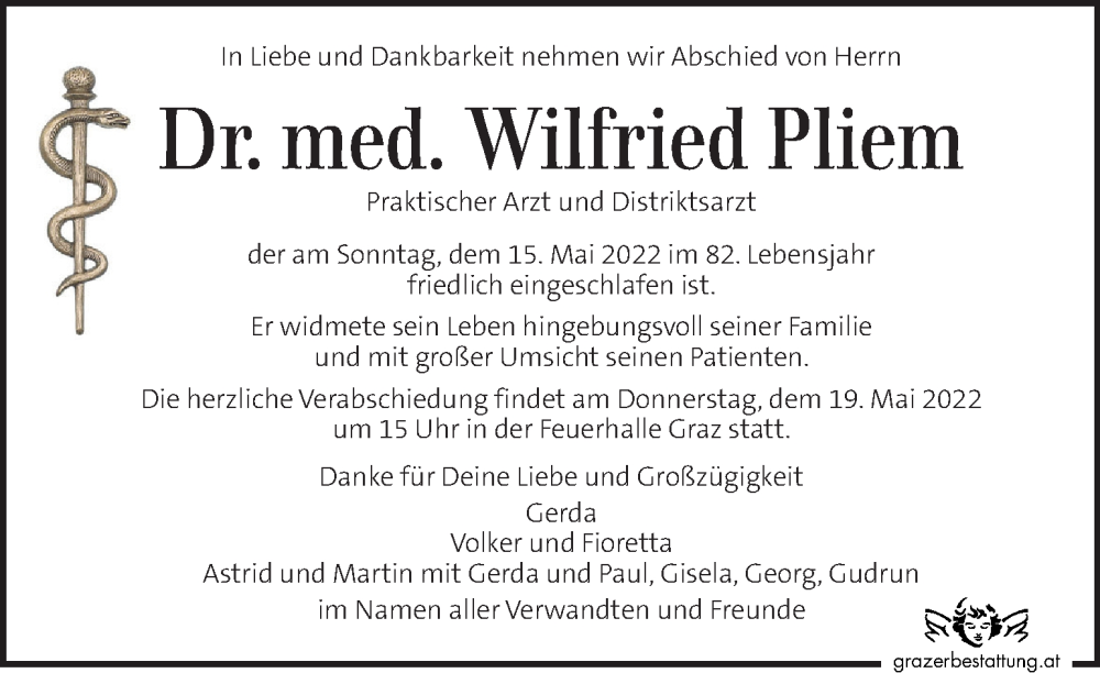  Traueranzeige für Wilfried Pliem vom 18.05.2022 aus Kleine Zeitung