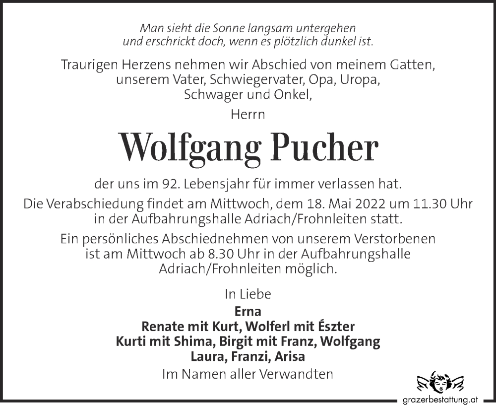  Traueranzeige für Wolfgang Pucher vom 14.05.2022 aus Kleine Zeitung