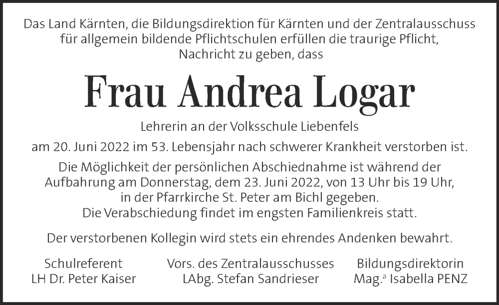  Traueranzeige für Andrea Logar vom 22.06.2022 aus Kleine Zeitung