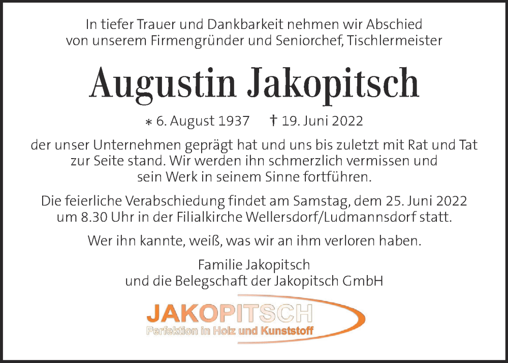  Traueranzeige für Augustin Jakopitsch vom 23.06.2022 aus Kleine Zeitung