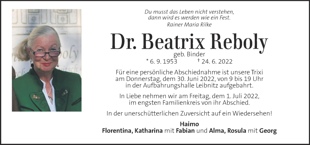  Traueranzeige für Beatrix Reboly vom 29.06.2022 aus Kleine Zeitung
