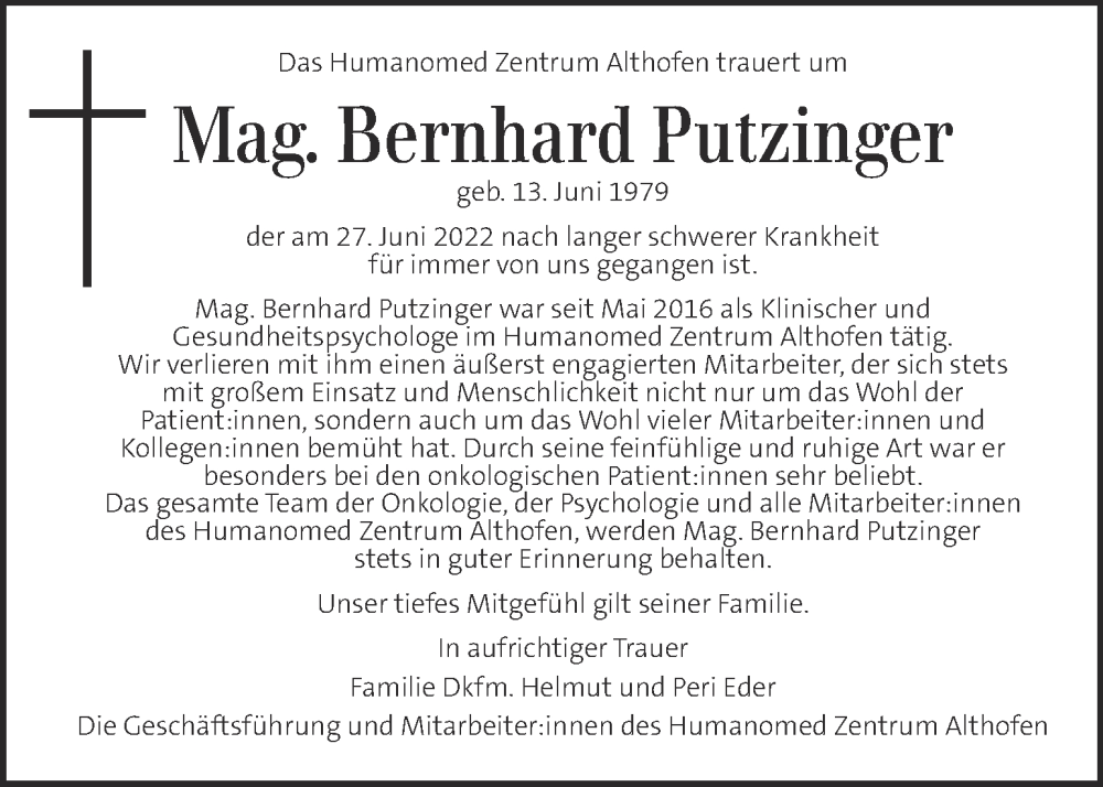  Traueranzeige für Bernhard Putzinger vom 01.07.2022 aus Kleine Zeitung