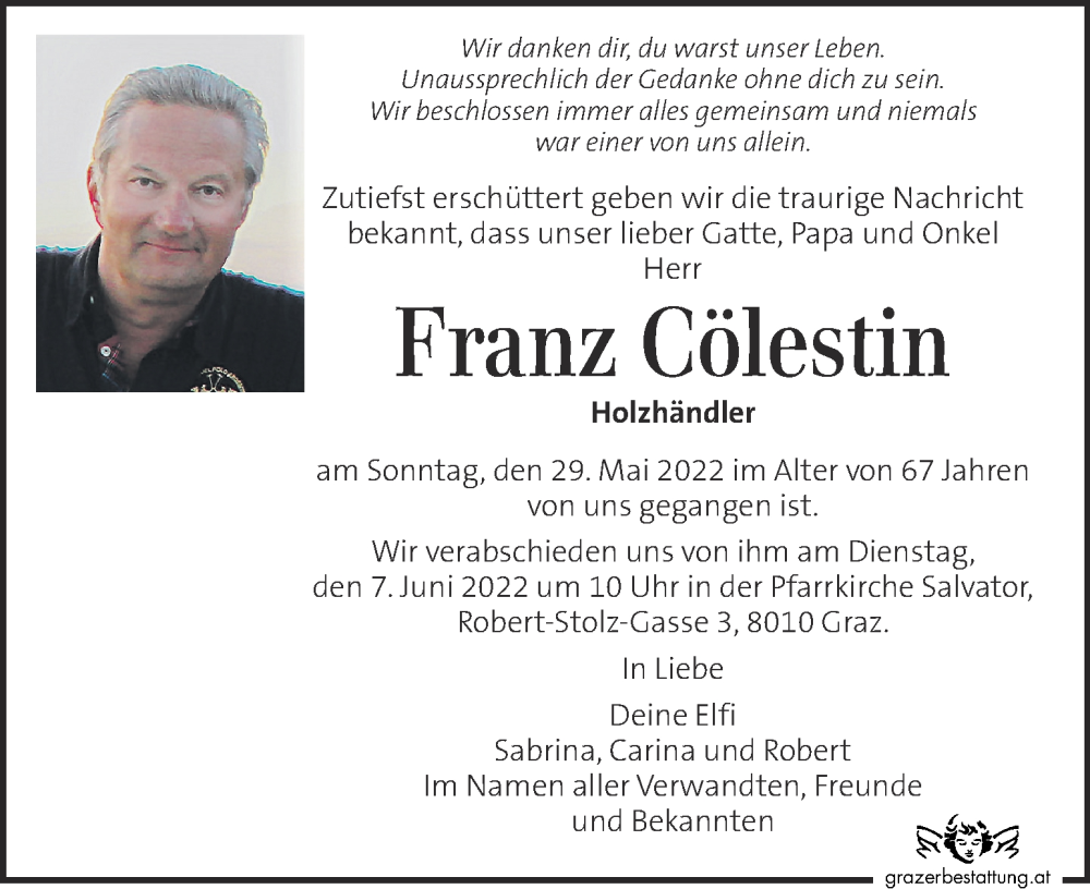  Traueranzeige für Franz Cölestin vom 04.06.2022 aus Kleine Zeitung