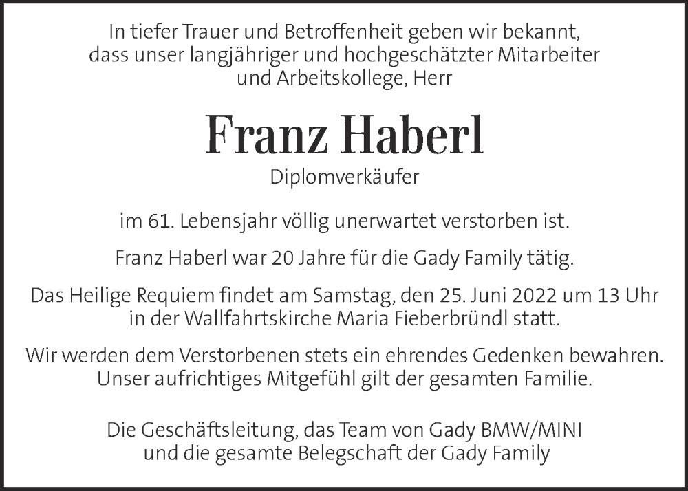  Traueranzeige für Franz Haberl vom 23.06.2022 aus Kleine Zeitung