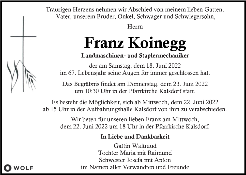  Traueranzeige für Franz Koinegg vom 22.06.2022 aus Kleine Zeitung