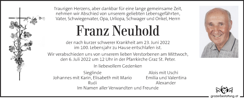  Traueranzeige für Franz Neuhold vom 29.06.2022 aus Kleine Zeitung