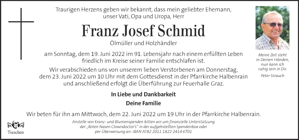  Traueranzeige für Franz Josef Schmid vom 22.06.2022 aus Kleine Zeitung