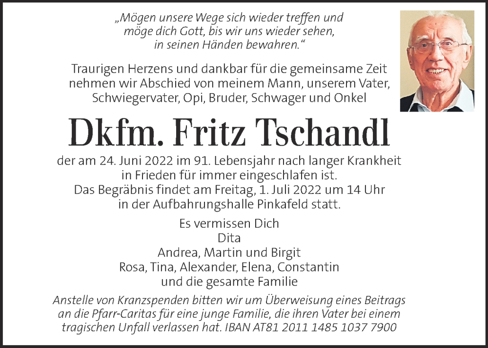  Traueranzeige für Fritz Tschandl vom 29.06.2022 aus Kleine Zeitung
