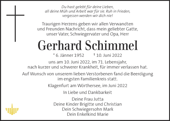 Traueranzeige von Gerhard Schimmel von Kleine Zeitung