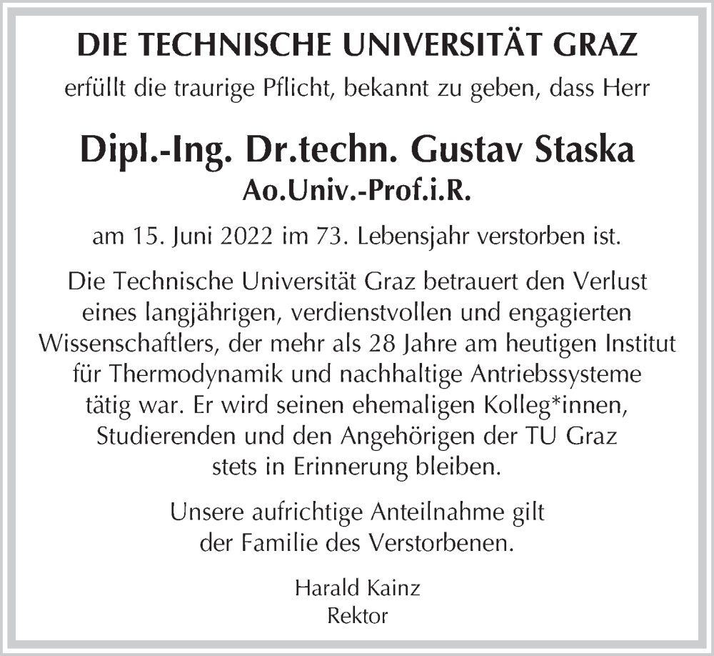  Traueranzeige für Gustav Staska  vom 28.06.2022 aus Kleine Zeitung