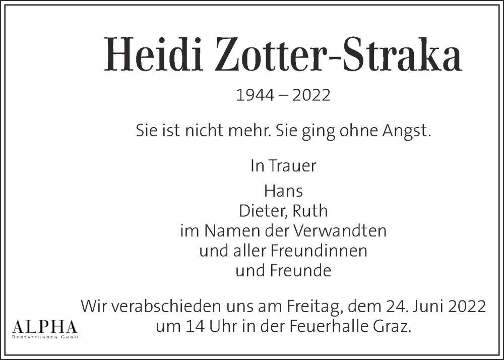  Traueranzeige für Heidi Zotter-Straka vom 23.06.2022 aus Kleine Zeitung