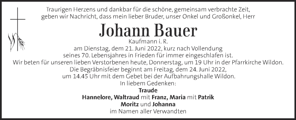  Traueranzeige für Johann Bauer vom 23.06.2022 aus Kleine Zeitung