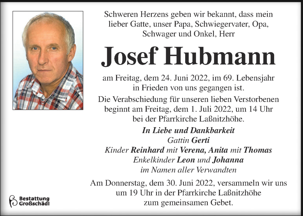  Traueranzeige für Josef Hubmann vom 28.06.2022 aus Kleine Zeitung