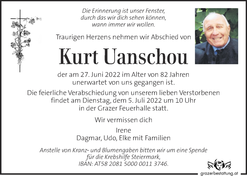  Traueranzeige für Kurt Uanschou vom 01.07.2022 aus Kleine Zeitung