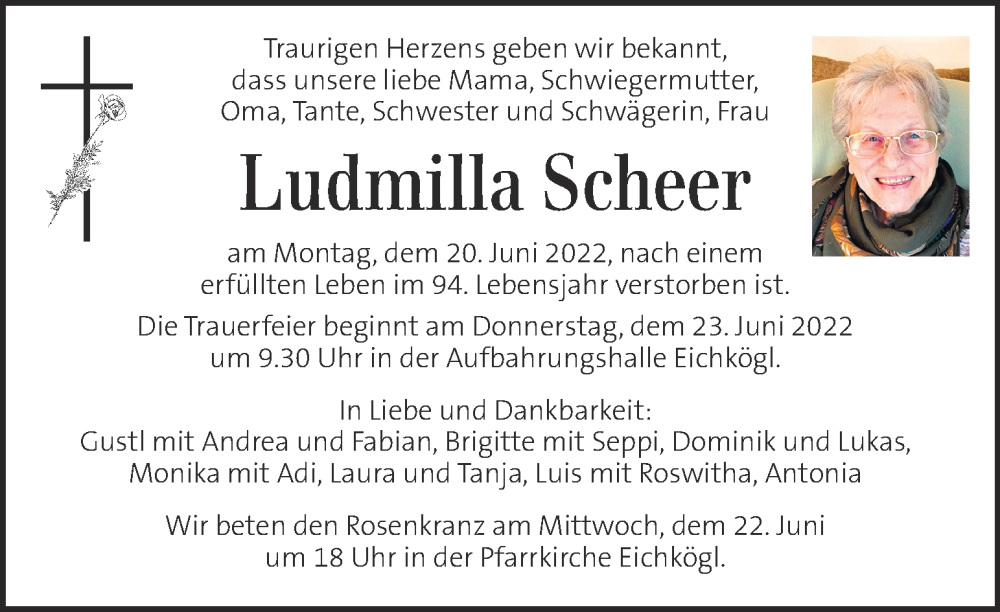  Traueranzeige für Ludmilla Scheer vom 22.06.2022 aus Kleine Zeitung
