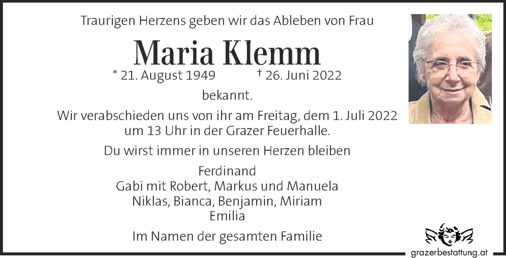  Traueranzeige für Maria Klemm vom 29.06.2022 aus Kleine Zeitung