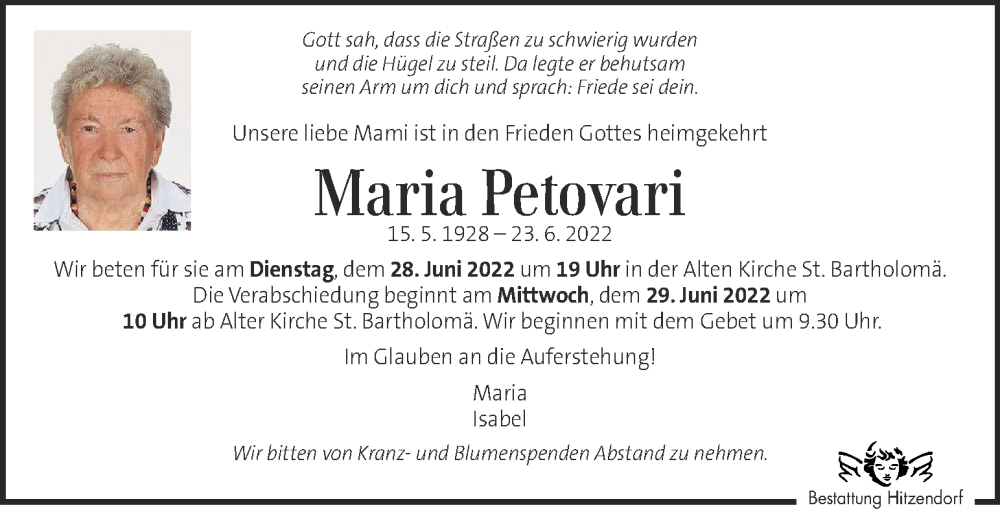  Traueranzeige für Maria Petovari vom 28.06.2022 aus Kleine Zeitung
