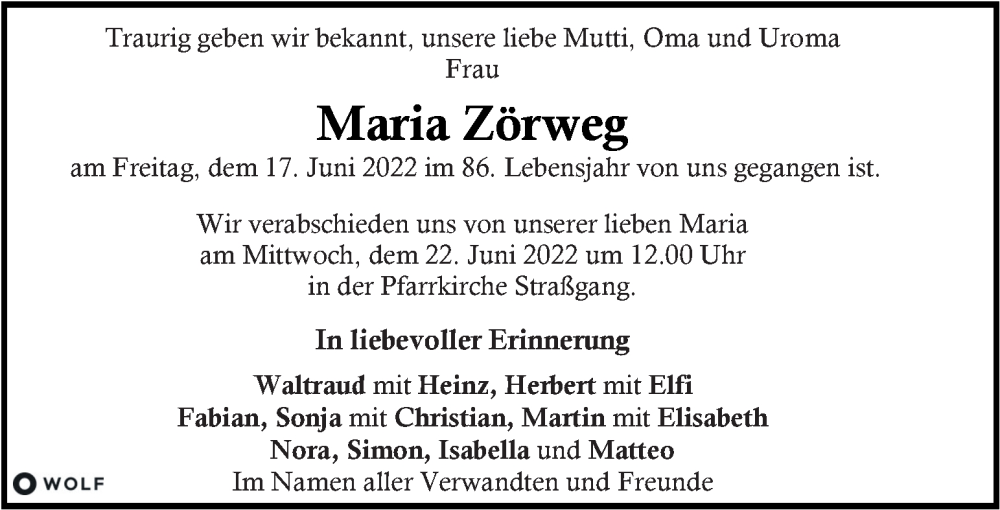  Traueranzeige für Maria Zörweg  vom 21.06.2022 aus Kleine Zeitung