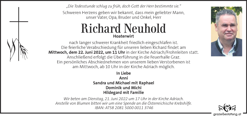  Traueranzeige für Richard Neuhold vom 19.06.2022 aus Kleine Zeitung