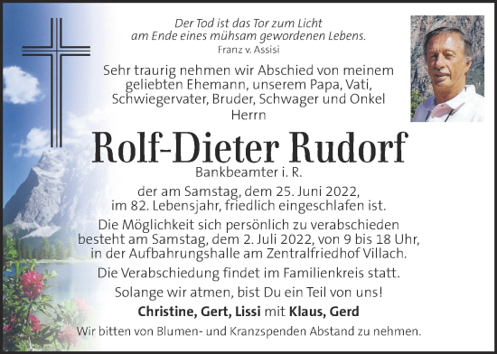 Traueranzeige von Rolf-Dieter Rudorf von Kleine Zeitung