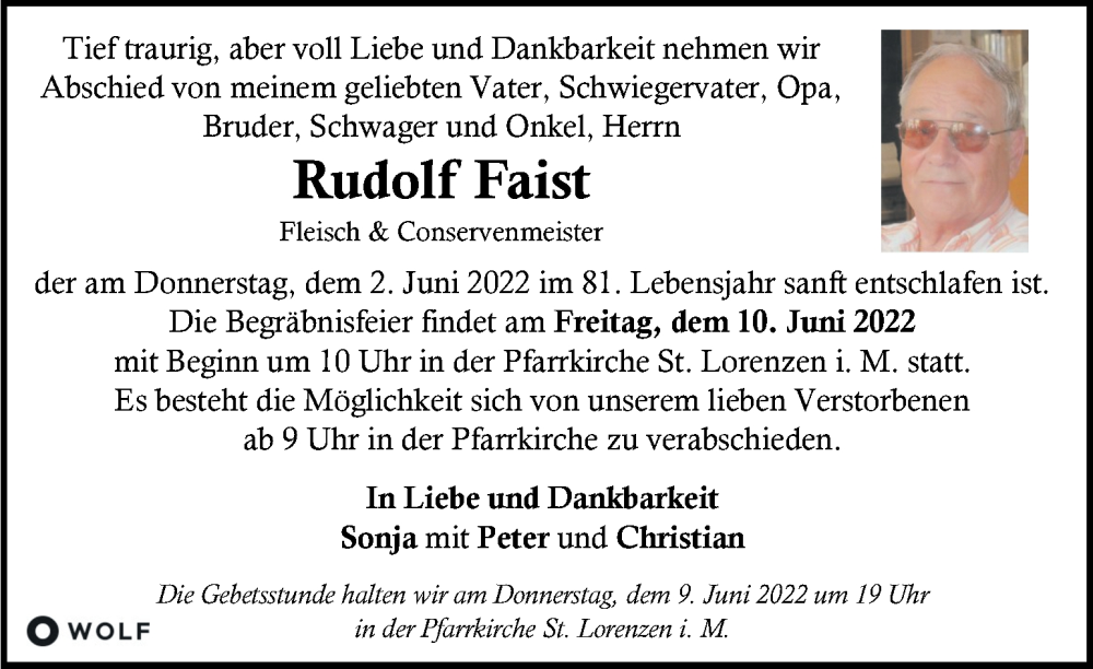  Traueranzeige für Rudolf Faist vom 08.06.2022 aus Kleine Zeitung