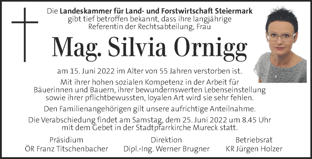  Traueranzeige für Silvia Ornigg vom 23.06.2022 aus Kleine Zeitung